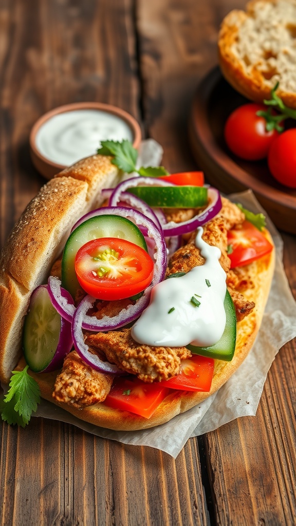 Zaatar Spiced Chicken Sandwich Zaatar spiced chicken sandwich with fresh vegetables and yogurt sauce on a rustic table.